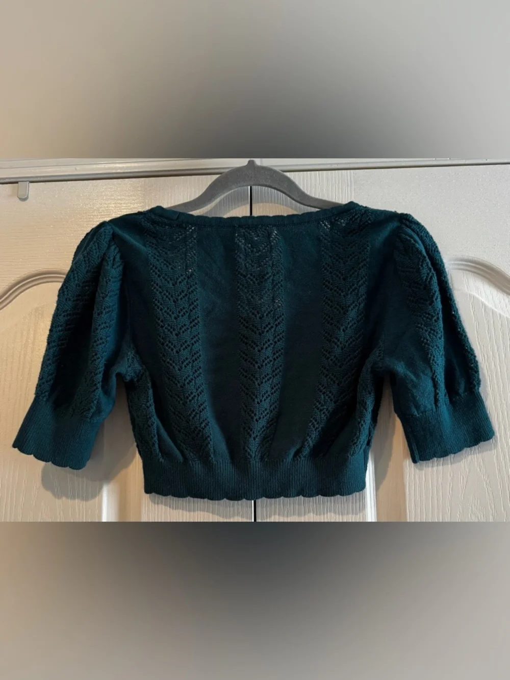 Free People Teal Pointelle Knit Cropped Short Sleeve Sweater - Size S